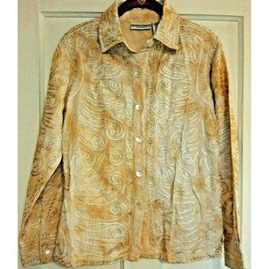 Med Draper's & Damon's Petites Tan Swirl Ribbon Embroidered Blouse Tie Dye Look